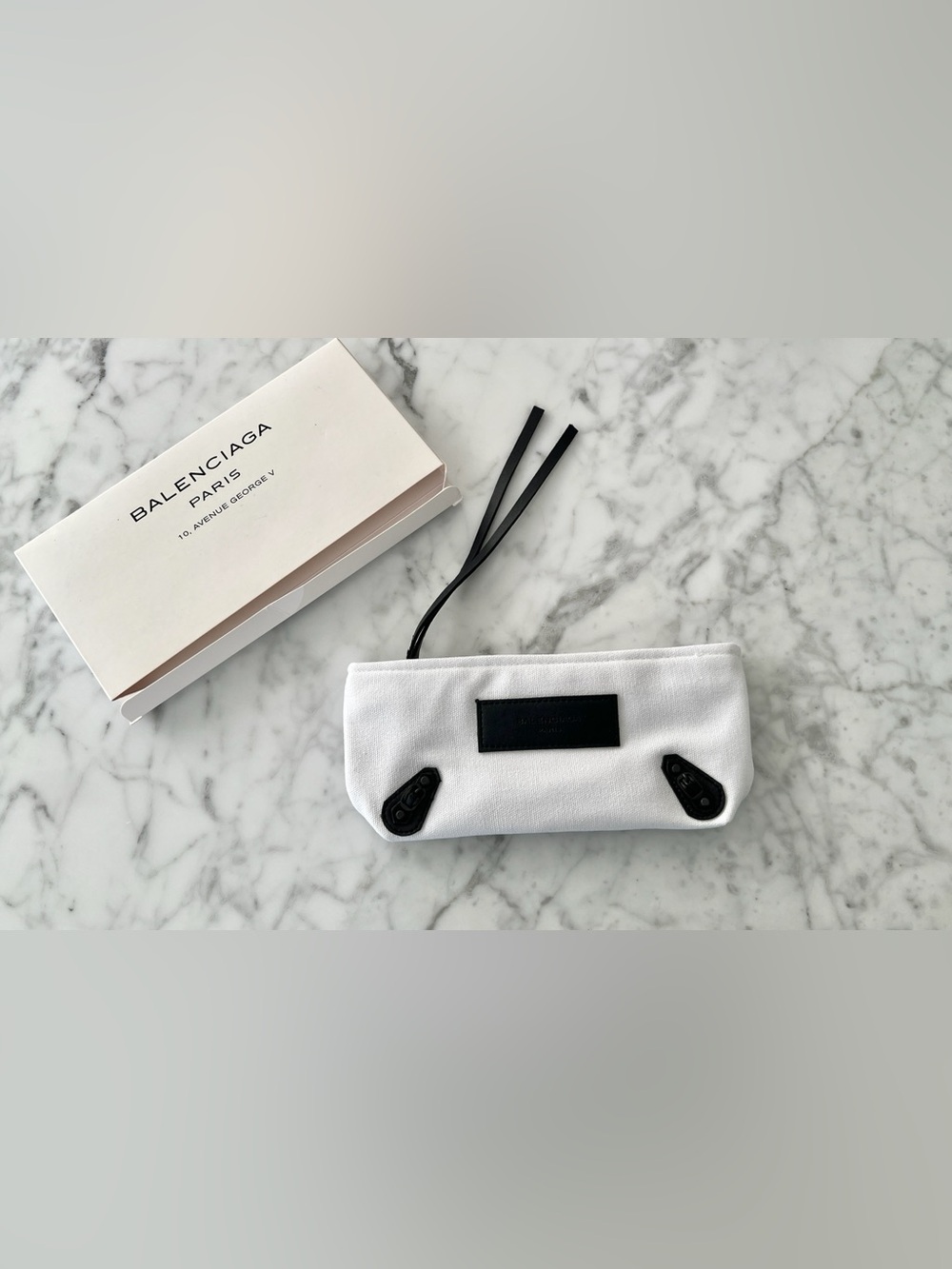 BNIB Balenciaga White Canvas Wristlet with Black Leather Panel